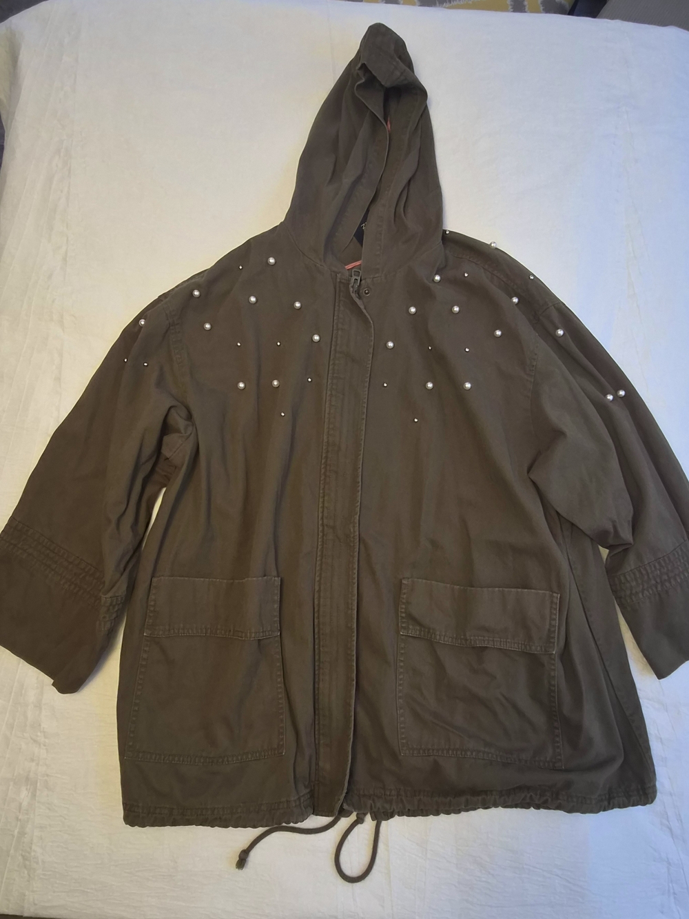 Zara Z1975 Denim Khaki Olive Green Faux Pearl Embellished Hooded Utility Jacket